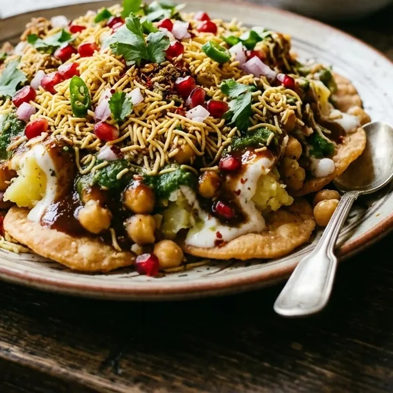Chaat papri topped with sev, pomegranate and fresh coriander
