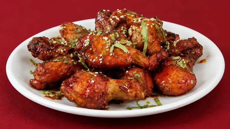 Tandoori glazed chicken wings finished with sesame and spring onion on a white platter