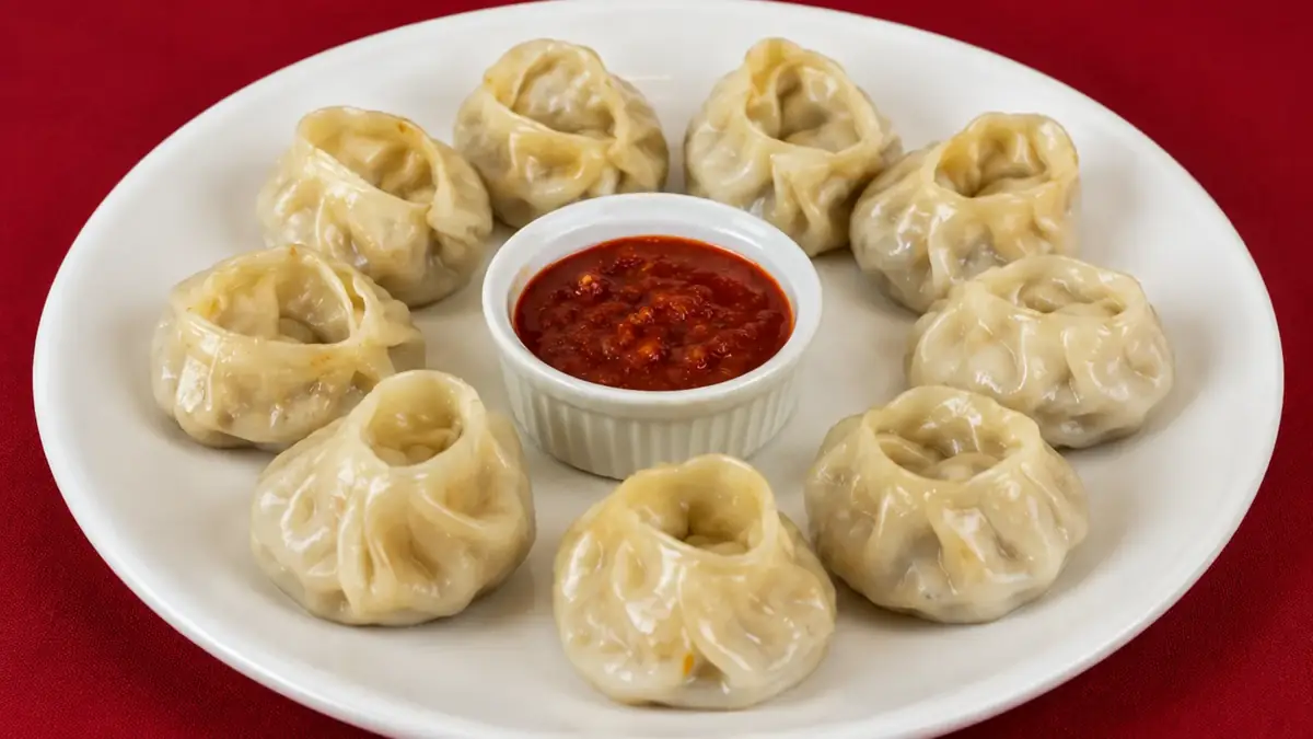 A plate of hand folded steamed momos served with red chilli dipping sauce