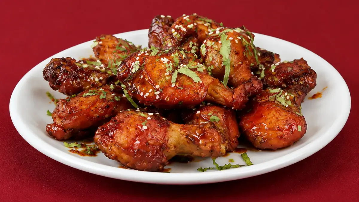 Tandoori glazed chicken wings finished with sesame and spring onion on a white platter